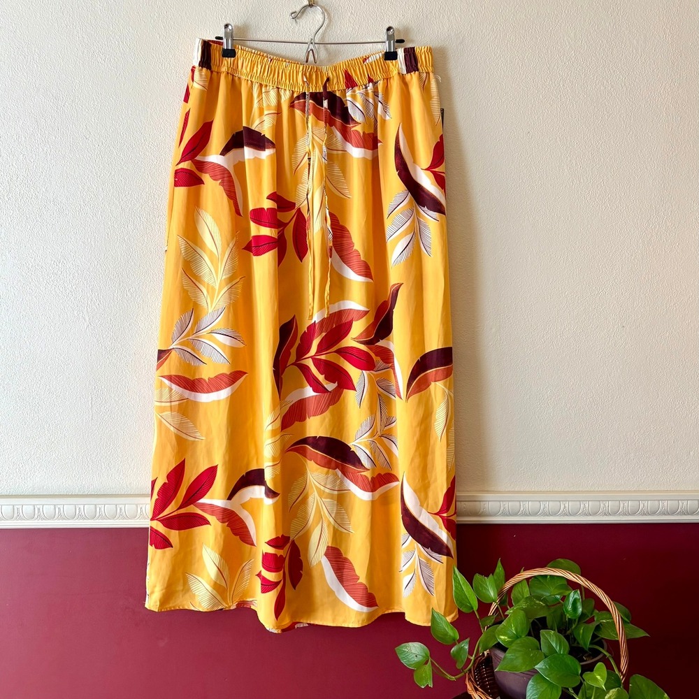 New Worthington Yellow Tropical Print Maxi Skirt Elastic Waist L Pockets Resort